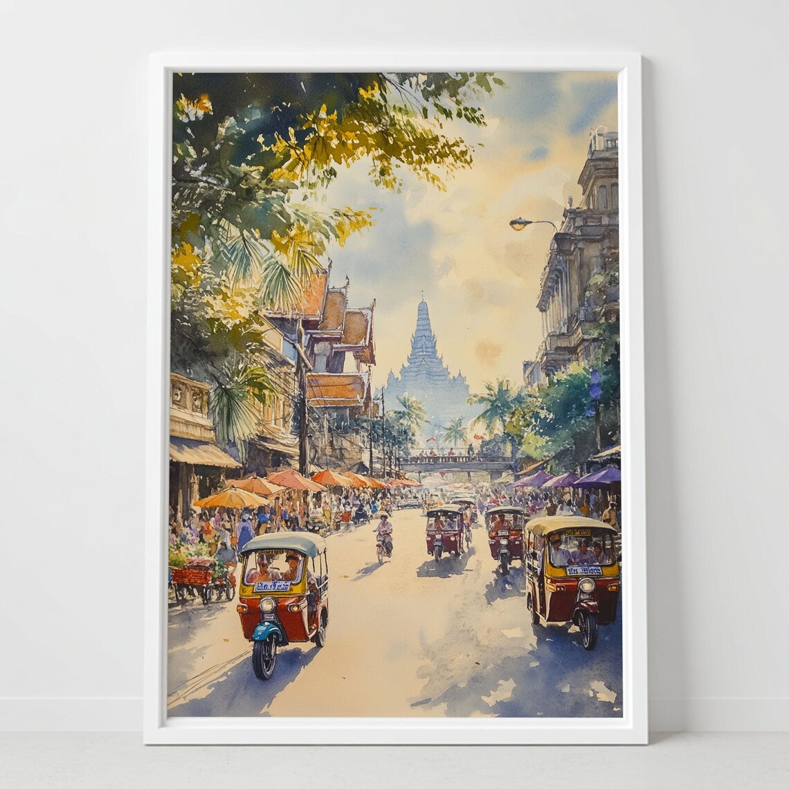 Bangkok Thailand Tuk Tuk Street Market Temple Watercolor Poster