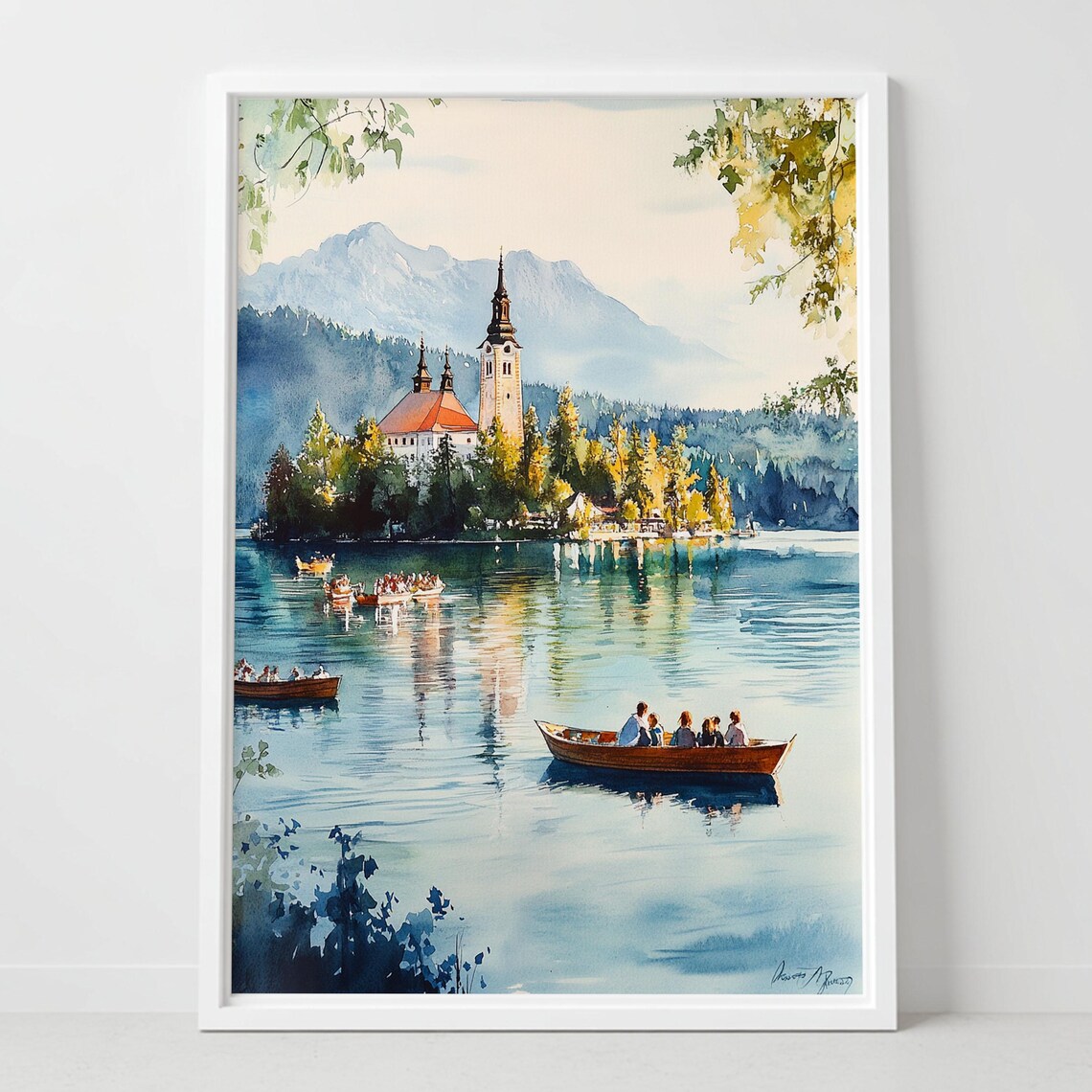 Lake Bled Slovenia Island Church Watercolor Boats Europe Poster