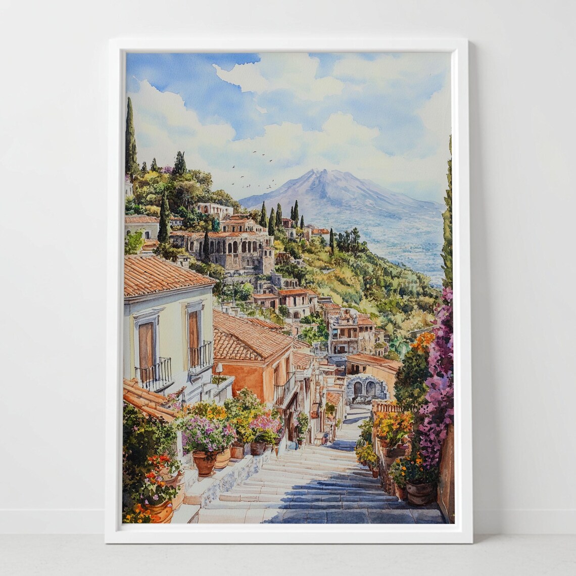 Taormina Sicily Mount Etna Flower Steps Village Watercolor Poster