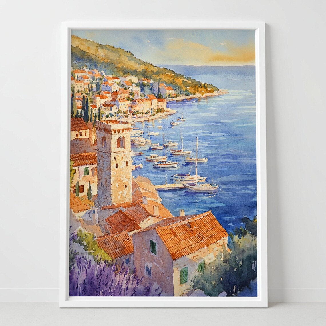 Croatia Adriatic Coast Harbor Town Sailboat Sunset Watercolor Poster