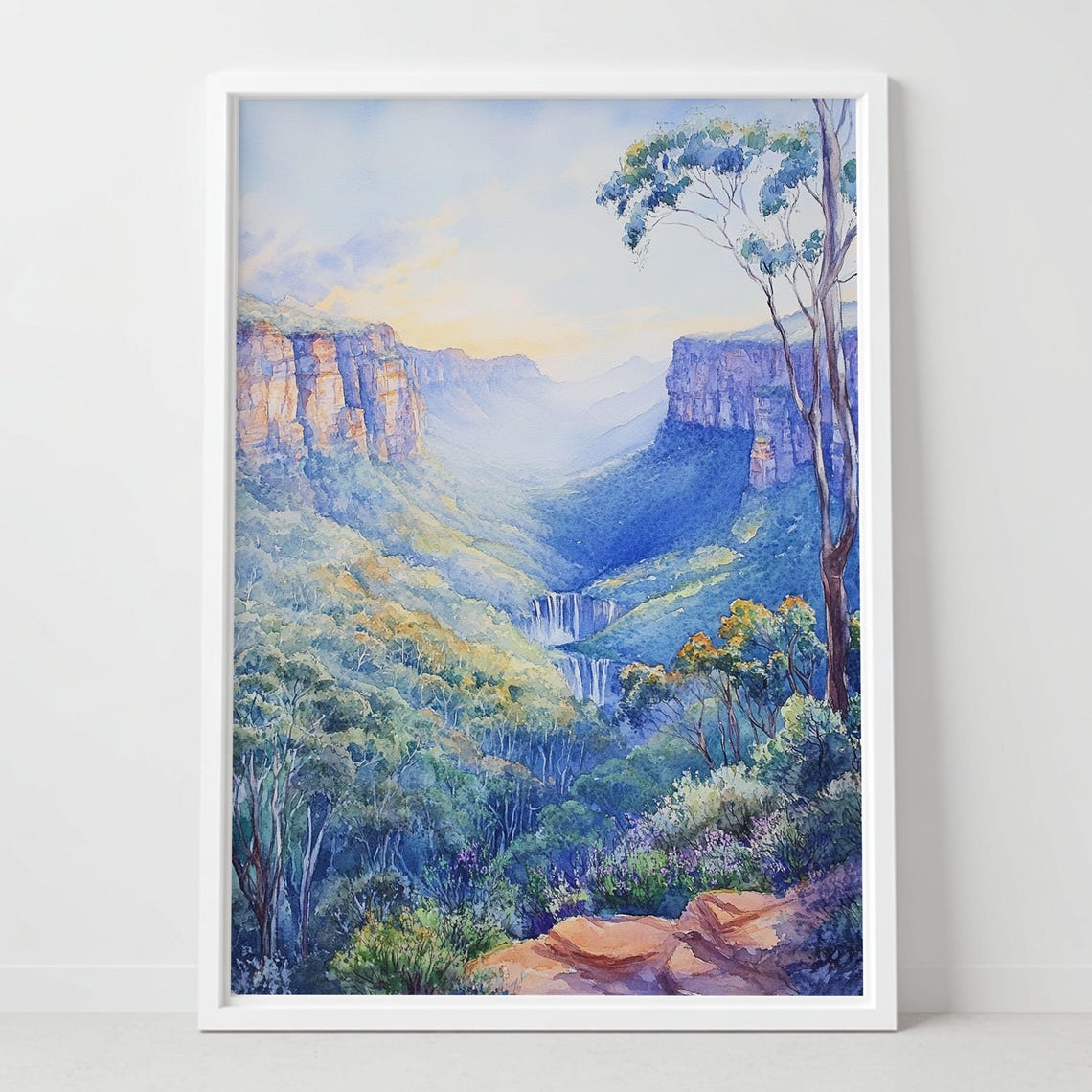Misty Blue Mountain Valley Waterfall Eucalyptus Watercolor Poster