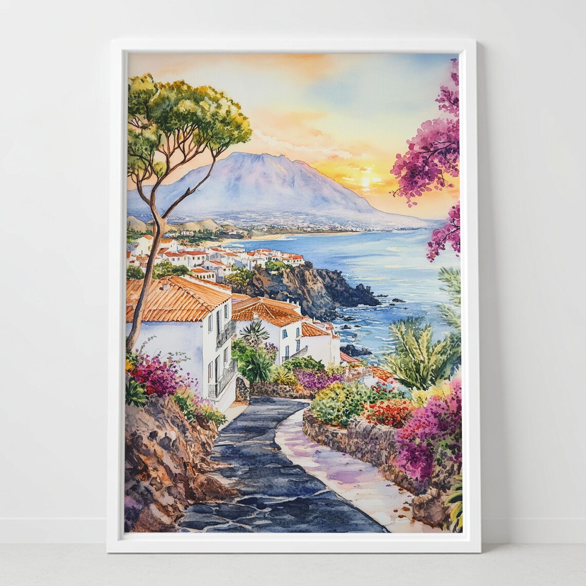 Tenerife Spain Sunset Coast White Houses Terracotta Roofs Watercolor Poster