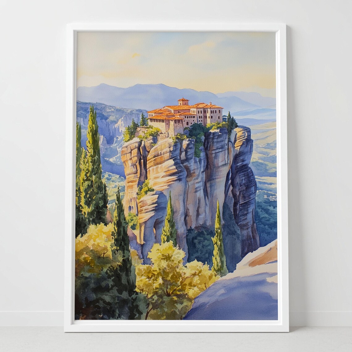 Meteora Monastery Greece Rock Pillar Watercolor Landmark Poster