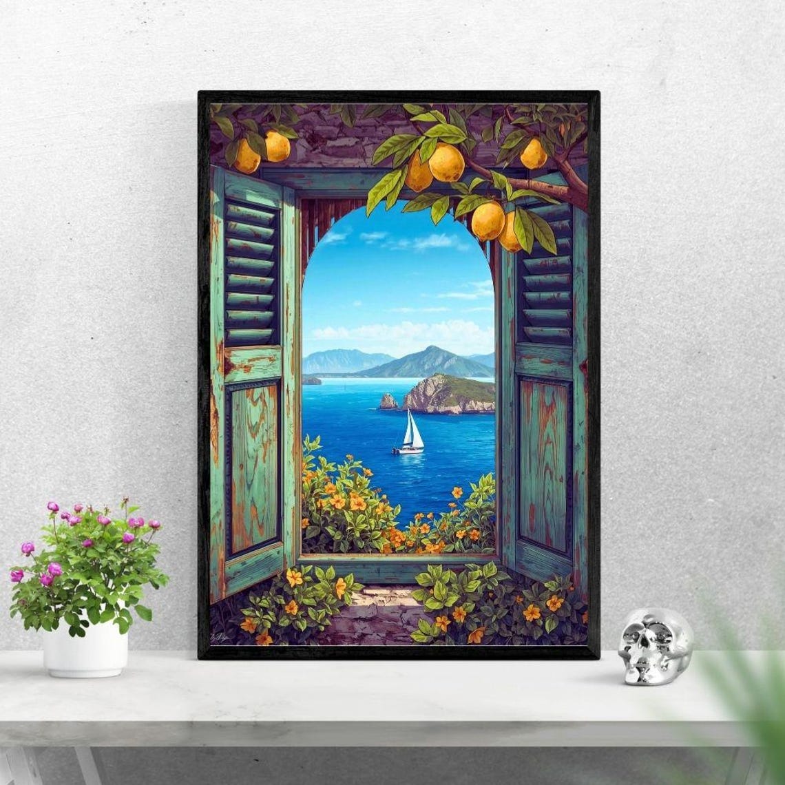 Mediterranean Window Sea View Print Lemon Tree Sailboat Coastal Decor