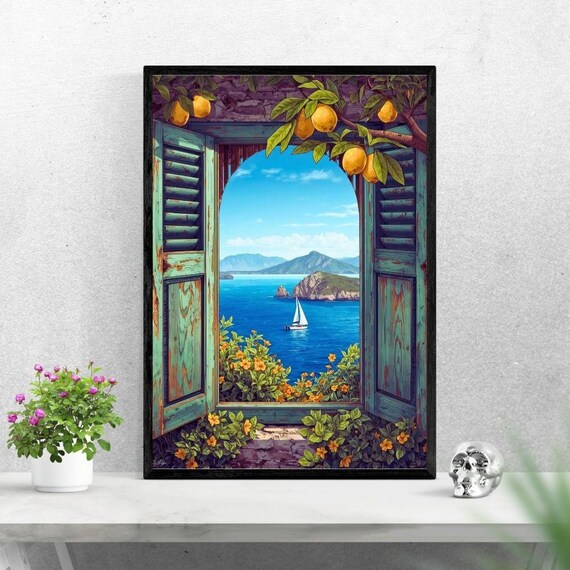 Mediterranean Window Sea View Print Lemon Tree Sailboat Coastal Decor