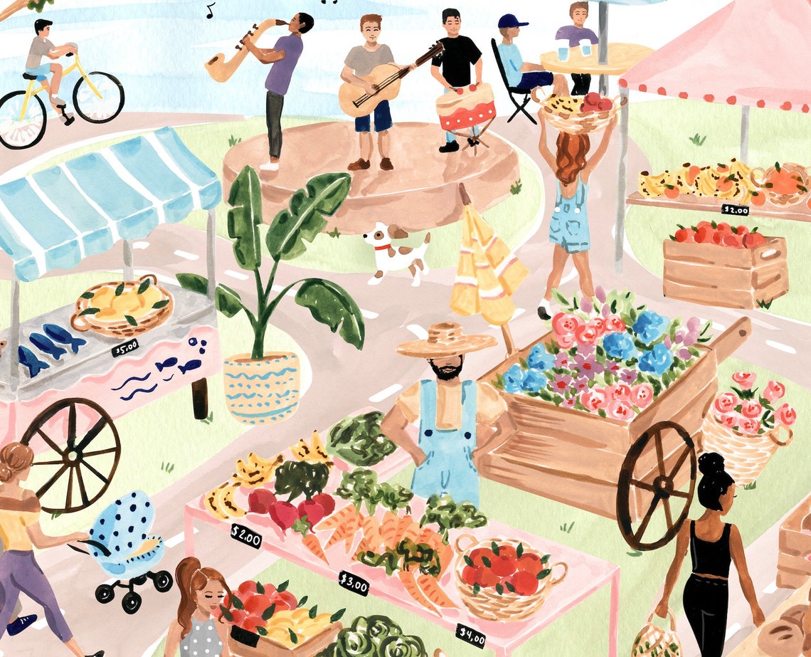 Farmers Market Art Print Kitchen Wall Art Dining Room Art Food Market Illustration Watercolor Gouache Painting