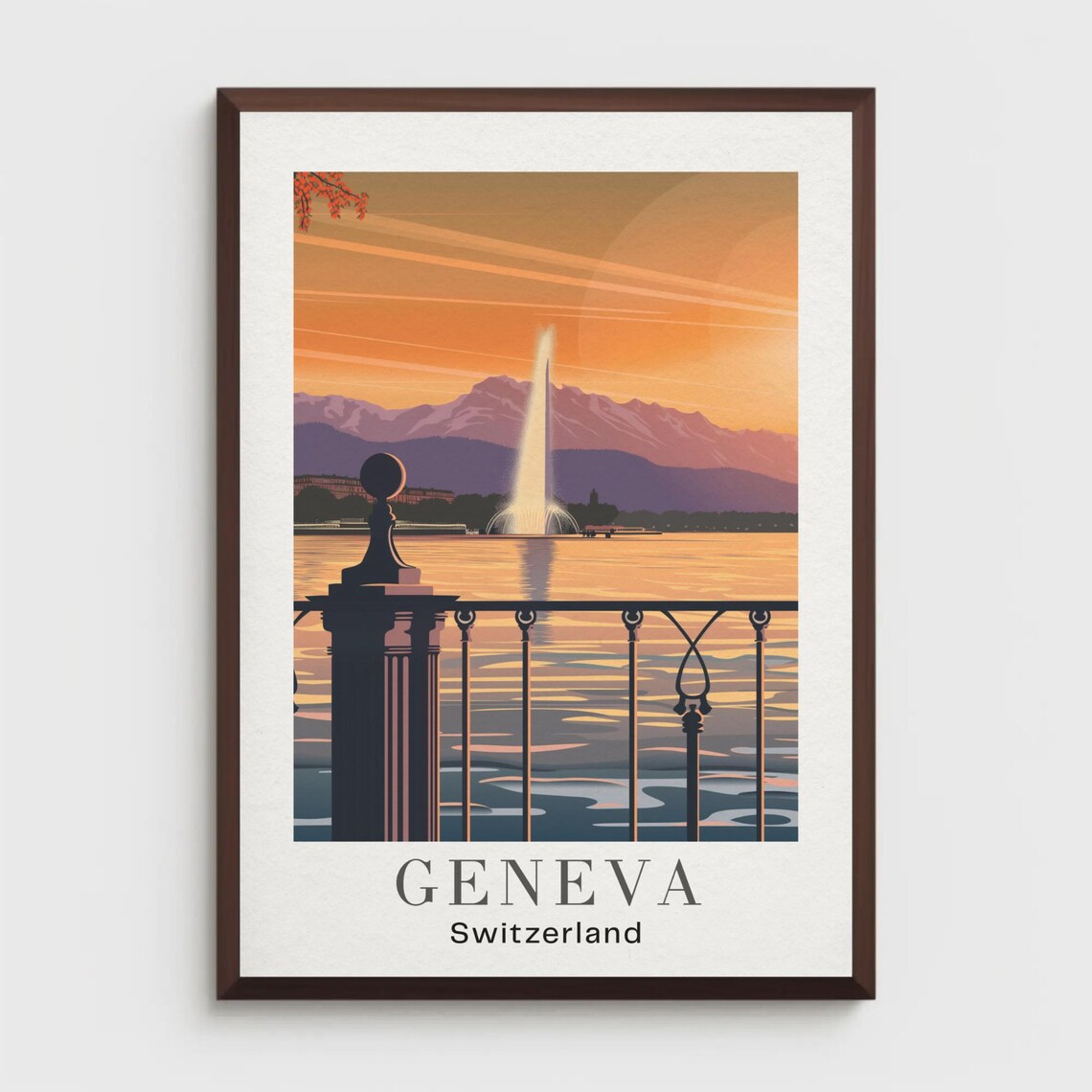 Geneva Switzerland Lake Sunset Jet dEau Fountain Travel Poster