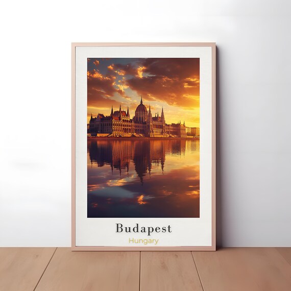 Budapest Parliament Sunset Danube River Reflection Travel Poster