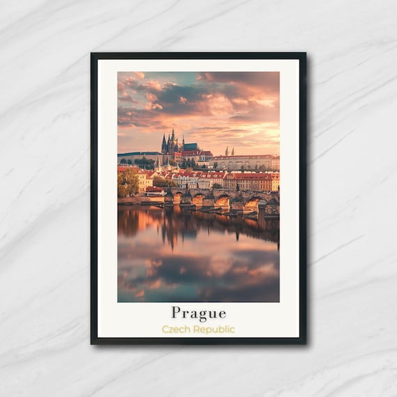 Prague Charles Bridge Castle Sunset Czech Republic Travel Poster