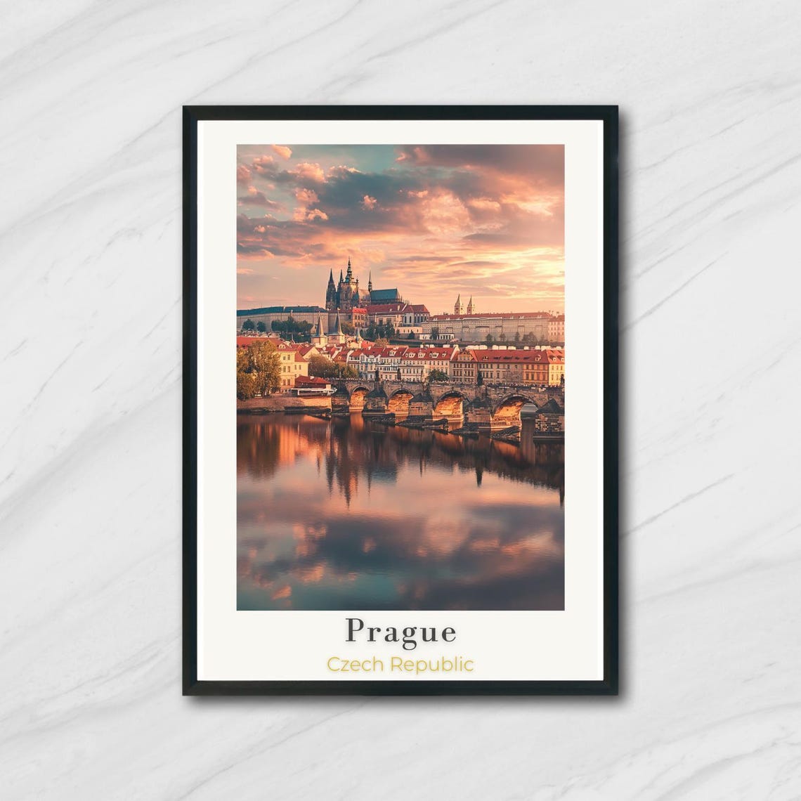 Prague Charles Bridge Castle Sunset Czech Republic Travel Poster