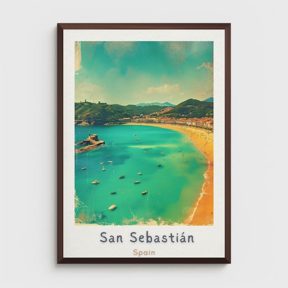 Coastal San Sebastian Spain La Concha Bay Vintage Travel Poster