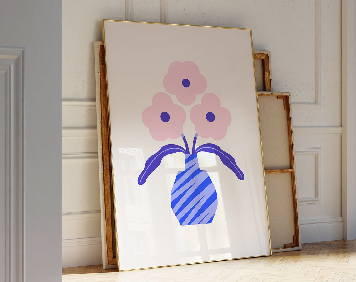Pink Flowers In Blue Striped Vase Modern Minimalist Art Poster