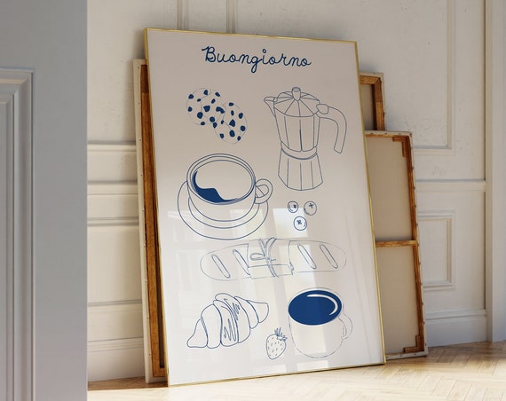 Hand Drawn Blue Coffee Print Italian Kitchen Retro Neutral Decor Lover Minimalist