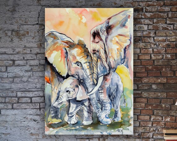 Watercolor Elephant Mother And Baby Tender Wildlife Art Poster