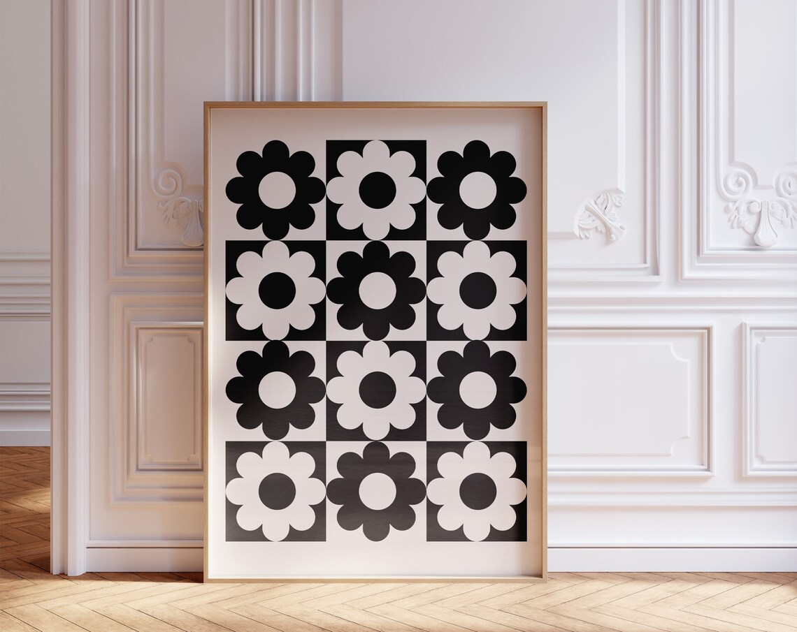 Black And White Retro Flower Grid Checkerboard Funky Wall Art