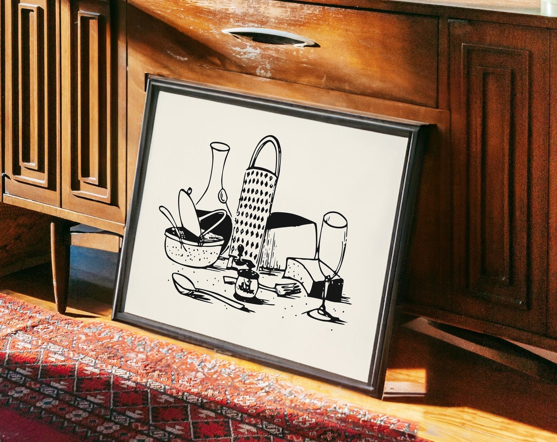 Minimalist Black Line Drawing Kitchen Utensils Retro Food Art Poster - Image 3
