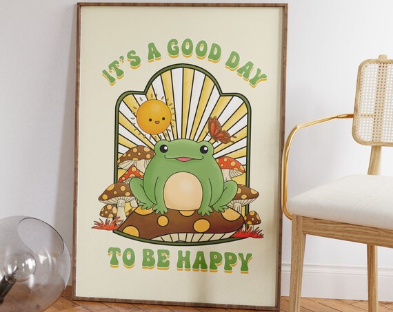 It's a Good Day to Be Happy Cute Green Frog Mushroom Retro Poster