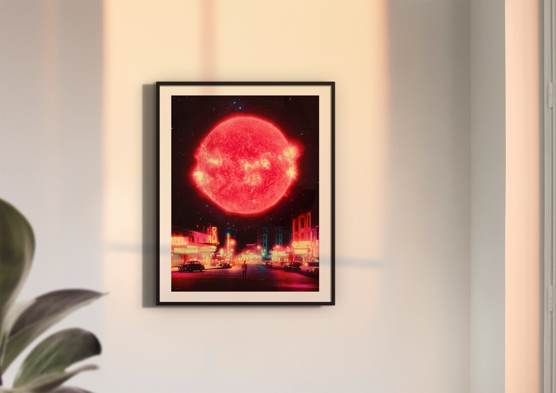 Neon Nightfall Giant Red Sun Neon City Street Retro Futurism Poster - Image 2