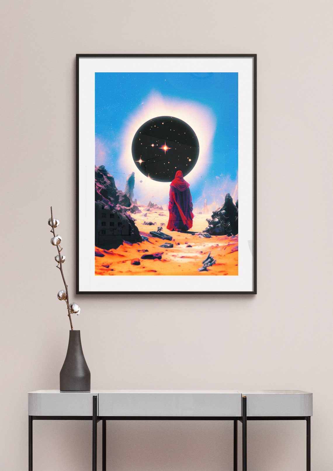 Celestial Guardian Red Hooded Figure Black Hole Sci Fi Space Wall Art - Image 2