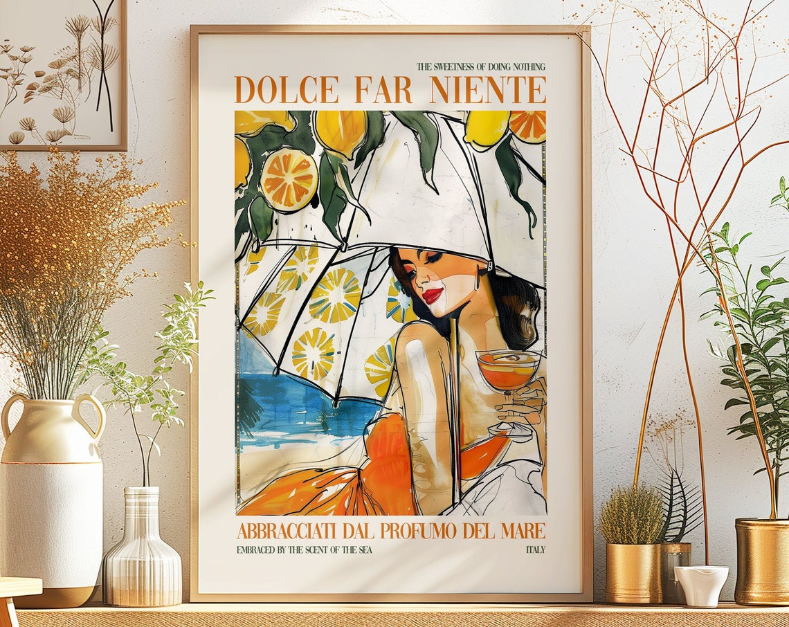 Dolce Far Niente Italian Beach Woman Cocktail Citrus Umbrella Poster