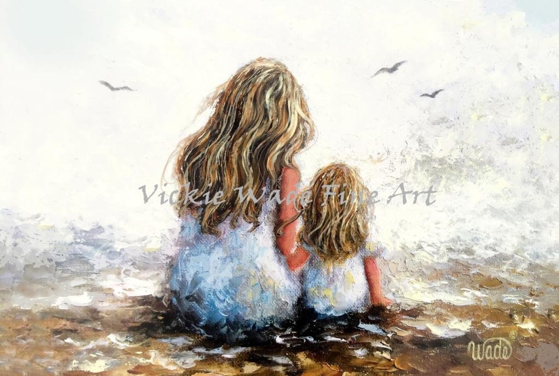 Blonde Mother and Daughter Sitting Together by the Sea Poster