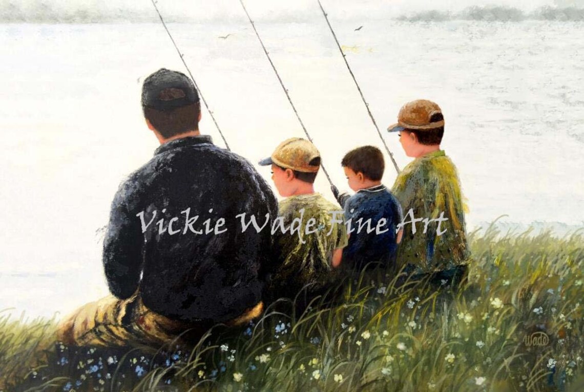 Father and Three Sons Fishing Together on a Lake Shore Poster