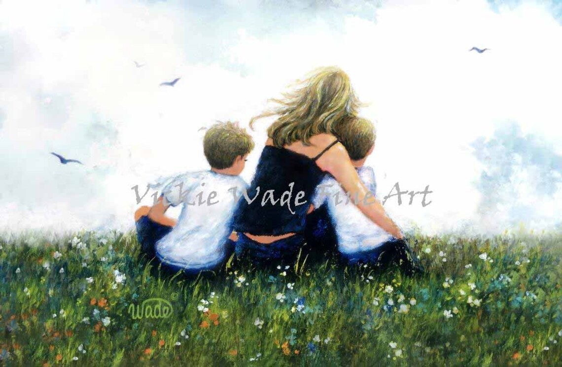 Mother And Two Blonde Sons Art Print Blonde Mom Two Blonde Boys Blonde Mother Mom Hugging Sons In Meadow Loving Mother Vickie Wade Art