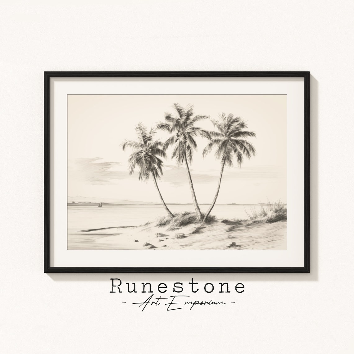Palm Trees Beach Pencil Sketch Minimal Coastal Neutral Print