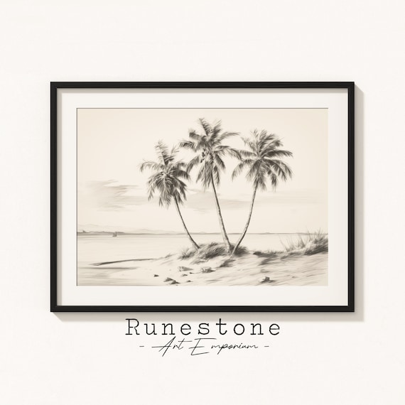 Palm Trees Beach Pencil Sketch Minimal Coastal Neutral Print