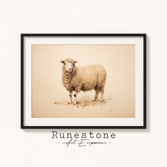 Vintage Sheep Sketch Easter Etching Country Farmyard Wall Art Antique Lamb Hand Drawn Landscape Print