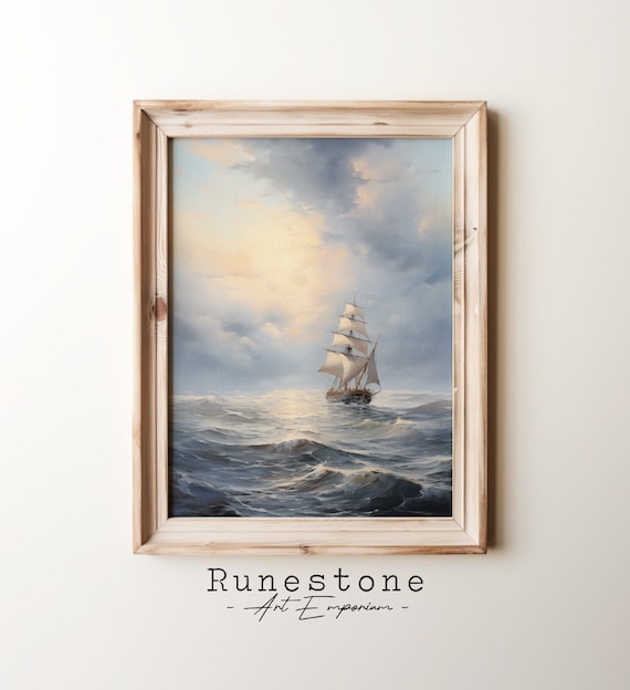 Tall Ship Sailing On Rough Sea At Dawn Vintage Nautical Oil Poster