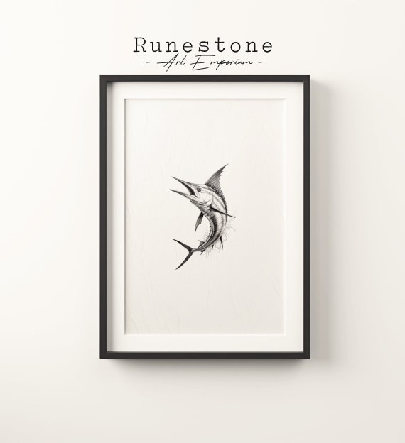 Minimalist Marlin Fish Sketch Art Print, Beach Decor