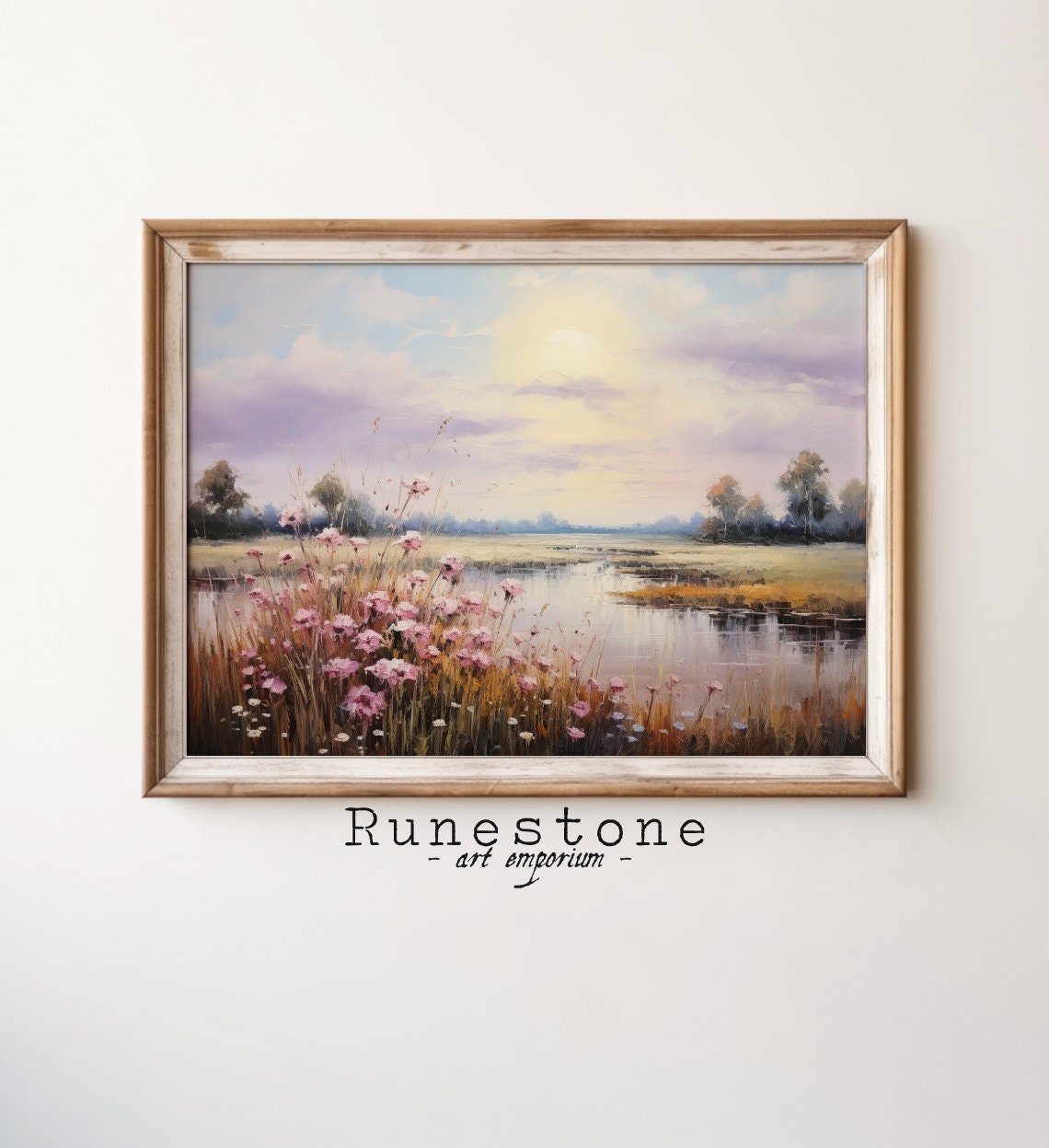 Pink Wildflowers By The River Impressionist Sunset Landscape Poster