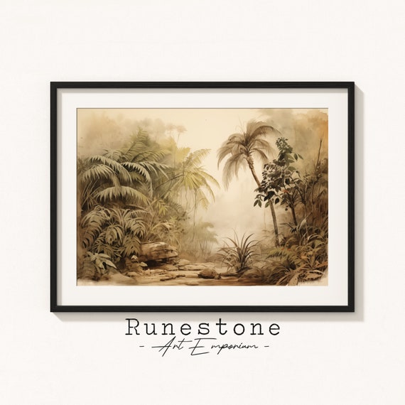 Vintage Equatorial Jungle Sketch Lush Boho Wall Art Tropical Bohemian Hand Drawn Natural Landscape Print