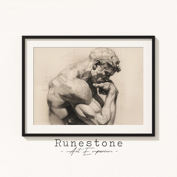 Stoic Thinker Illustration Ancient Marble Sculpture Sketch Minimal Wall Art Neutral Pencil Drawing Print
