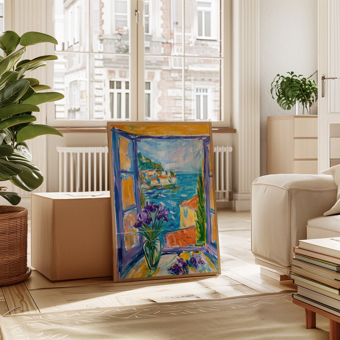 Henri Matisse Style Purple Irises Coastal Town Window Art Poster - Image 2