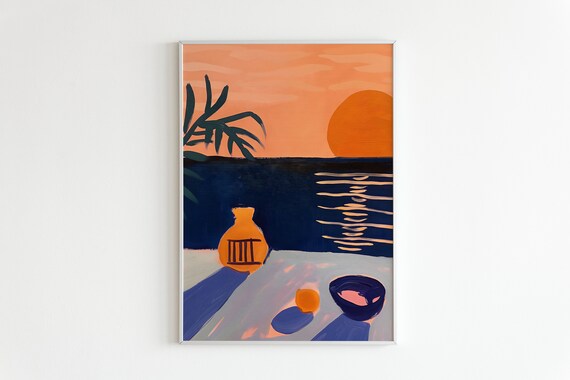 Orange Sunset Over Blue Sea Still Life Pitcher Fauvist Art Poster