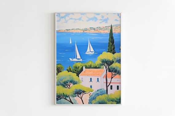 Sailboats Blue Bay Cypress Trees Villa Mediterranean View Poster