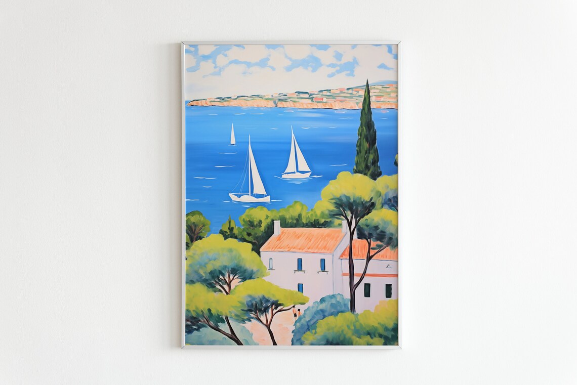Sailboats Blue Bay Cypress Trees Villa Mediterranean View Poster