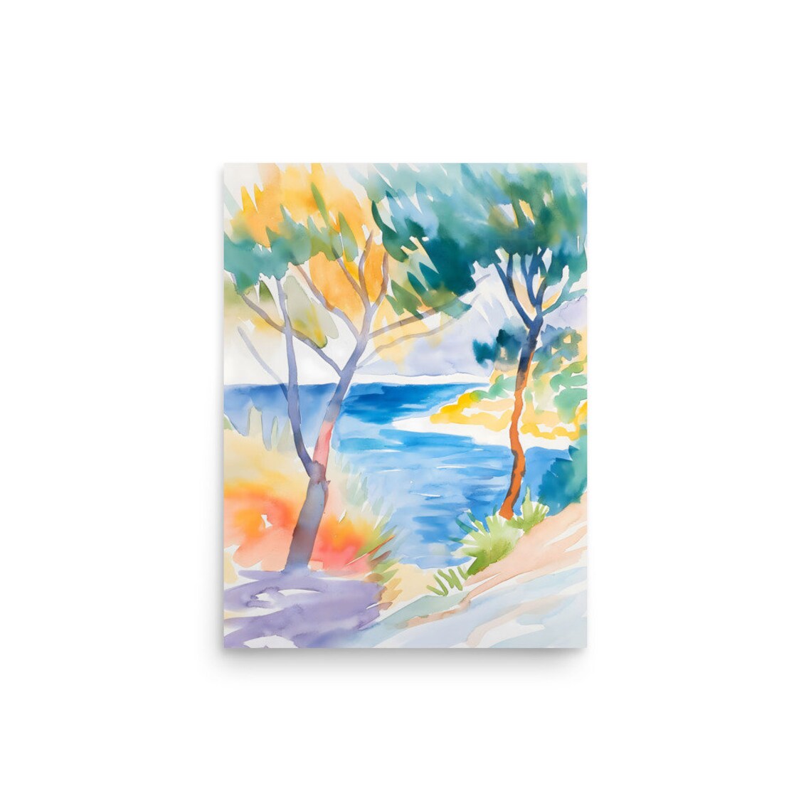 Watercolor Trees Framing Blue Lake Cove Coastal Landscape Poster - Image 2