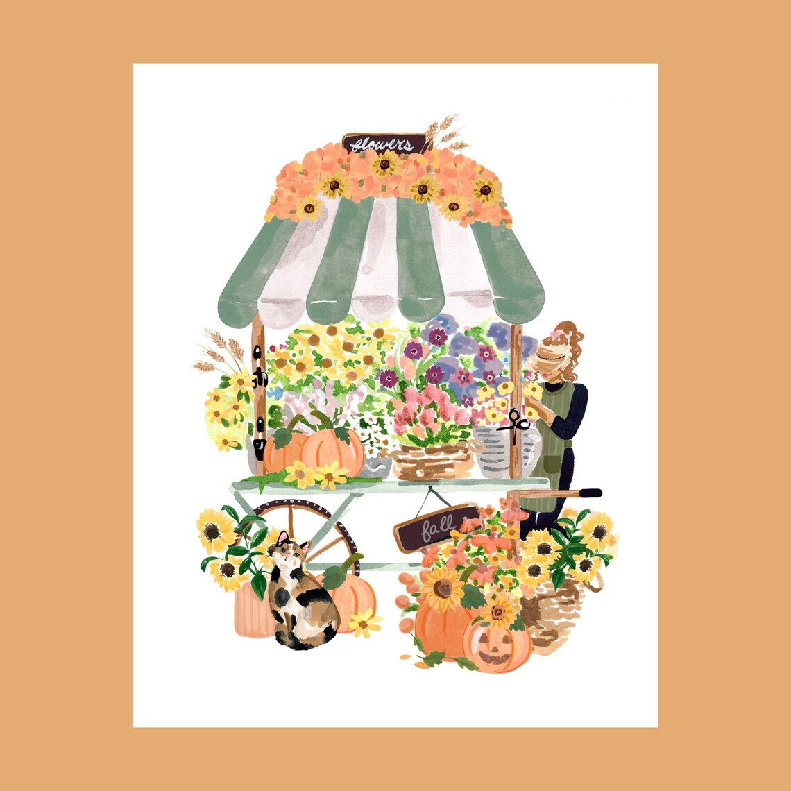 Fall Flower Cart Watercolor Art Print, Rustic Autumn Floral