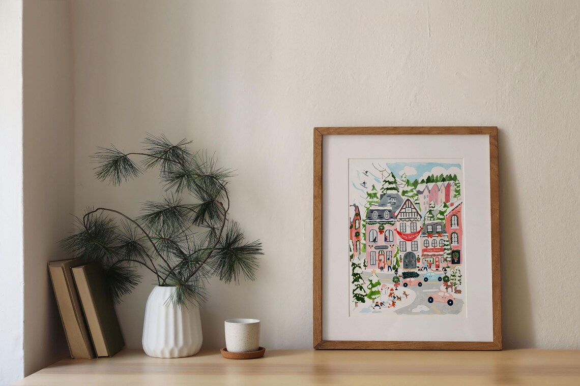 Christmas Village Art Print, Holiday Watercolor Gouache - Image 3