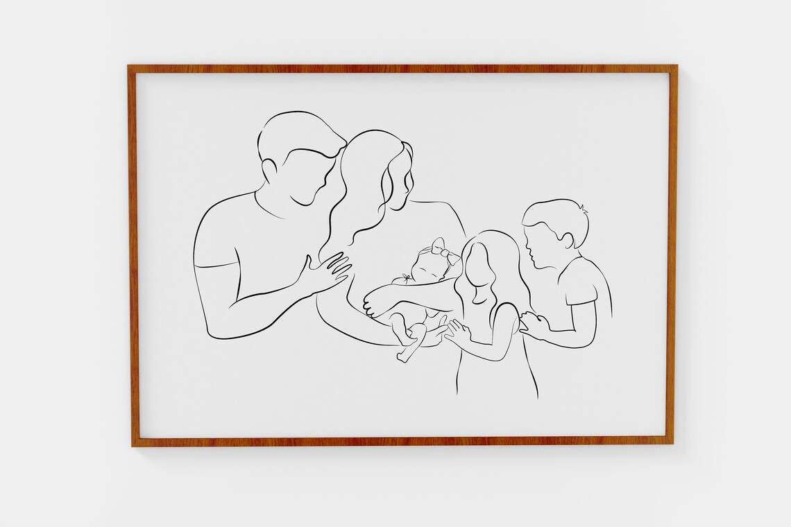 Family of Five Line Art Newborn Baby Girl Siblings Minimalist Poster