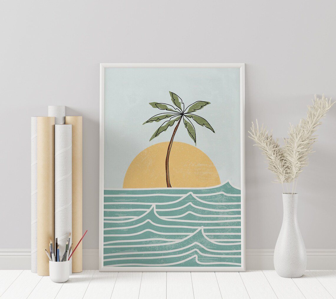 Boho Ocean Print Beach Sun Abstract Landscape Art Waves Prints Palm Tree Drawing Wall - Image 2