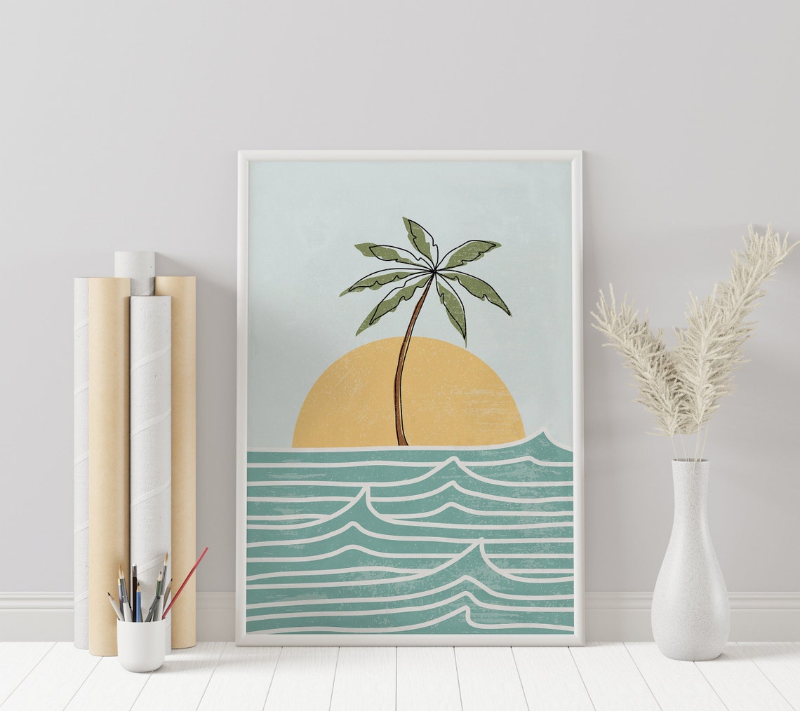 Boho Palm Tree Tropical Beach Sunset Waves Minimal Ocean Wall Art - Image 2