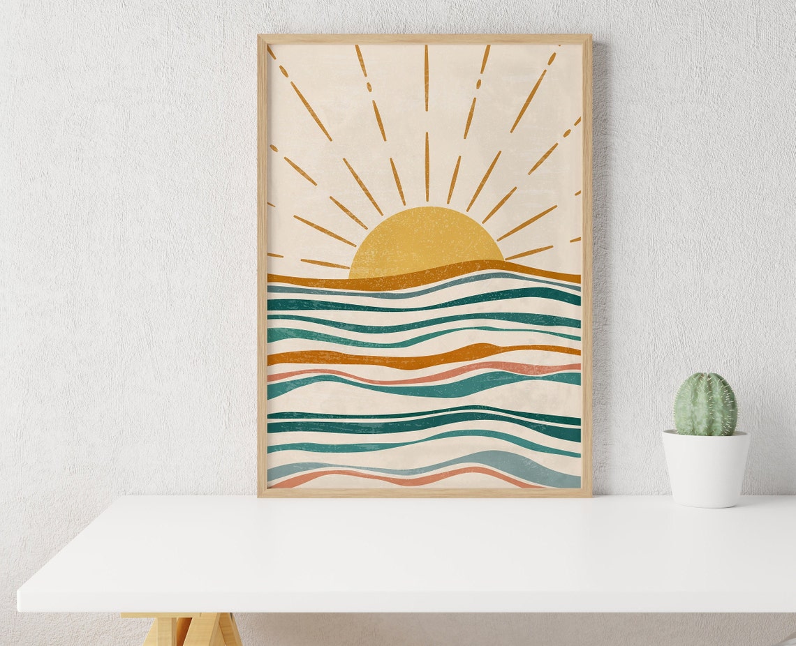 Sun And Ocean Waves Print Boho Sunset Wall Art Abstract Landscape Nursery Decor - Image 2