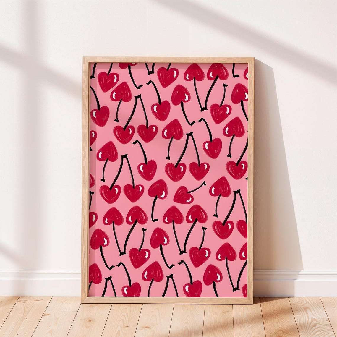 Heart Shaped Cherries Pink Pattern Playful Pop Art Fruit Wall Poster