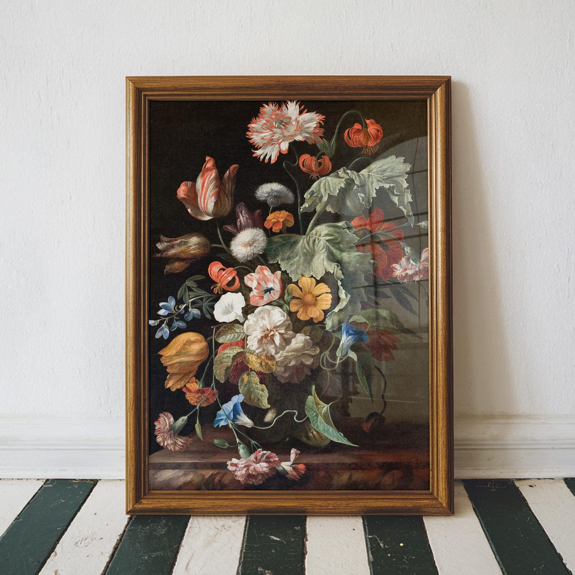 Dark Floral Still Life Baroque Tulip Poppies Black Background Wall Art