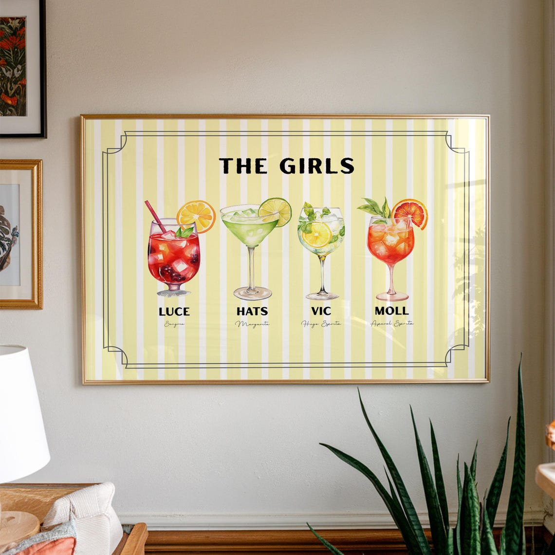 The Girls Roommates as Drinks Yellow Stripe Cocktail Bar Art Poster