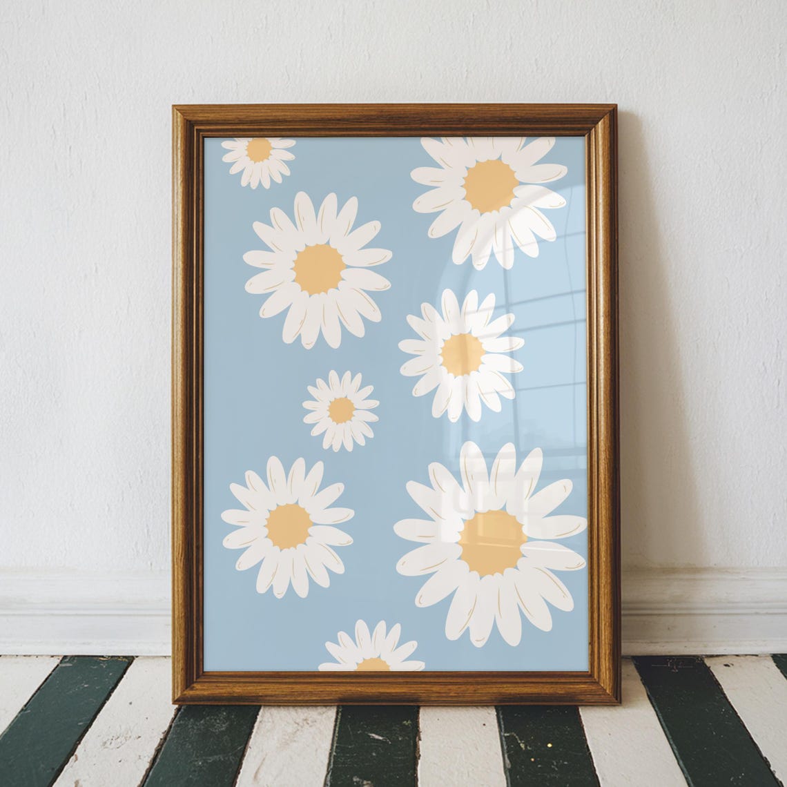 Cheerful Blue Daisy Pattern Floral White Daisies Nursery Wall Art